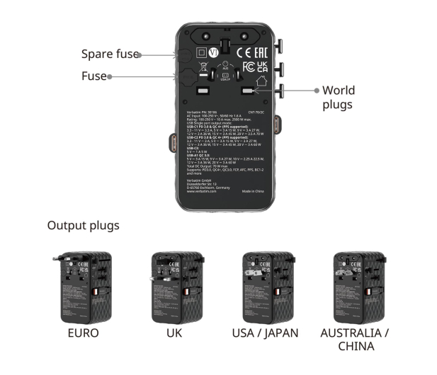Verbatim Charge ’n’ Travel 70W 2C retractable Universal Adapter black - 1417013 - zdjęcie 4